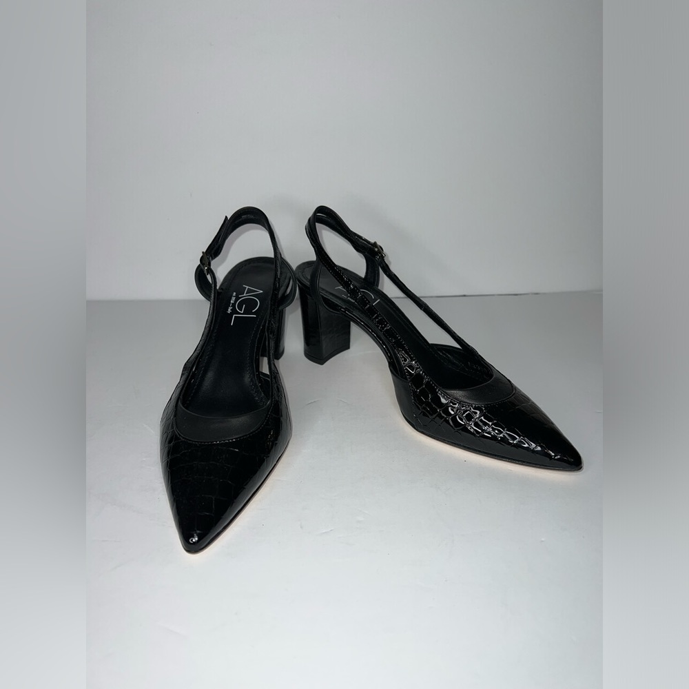 $375 AGL Womens ITALY Slingback Pumps Shoes Pointed Toe Block Heel  Black 38.5